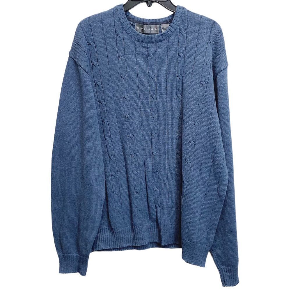 Vintage Men's OSCAR DE LA RENTA‎ XXL Blue Crew Neck Cable Knit Pullover Sweater